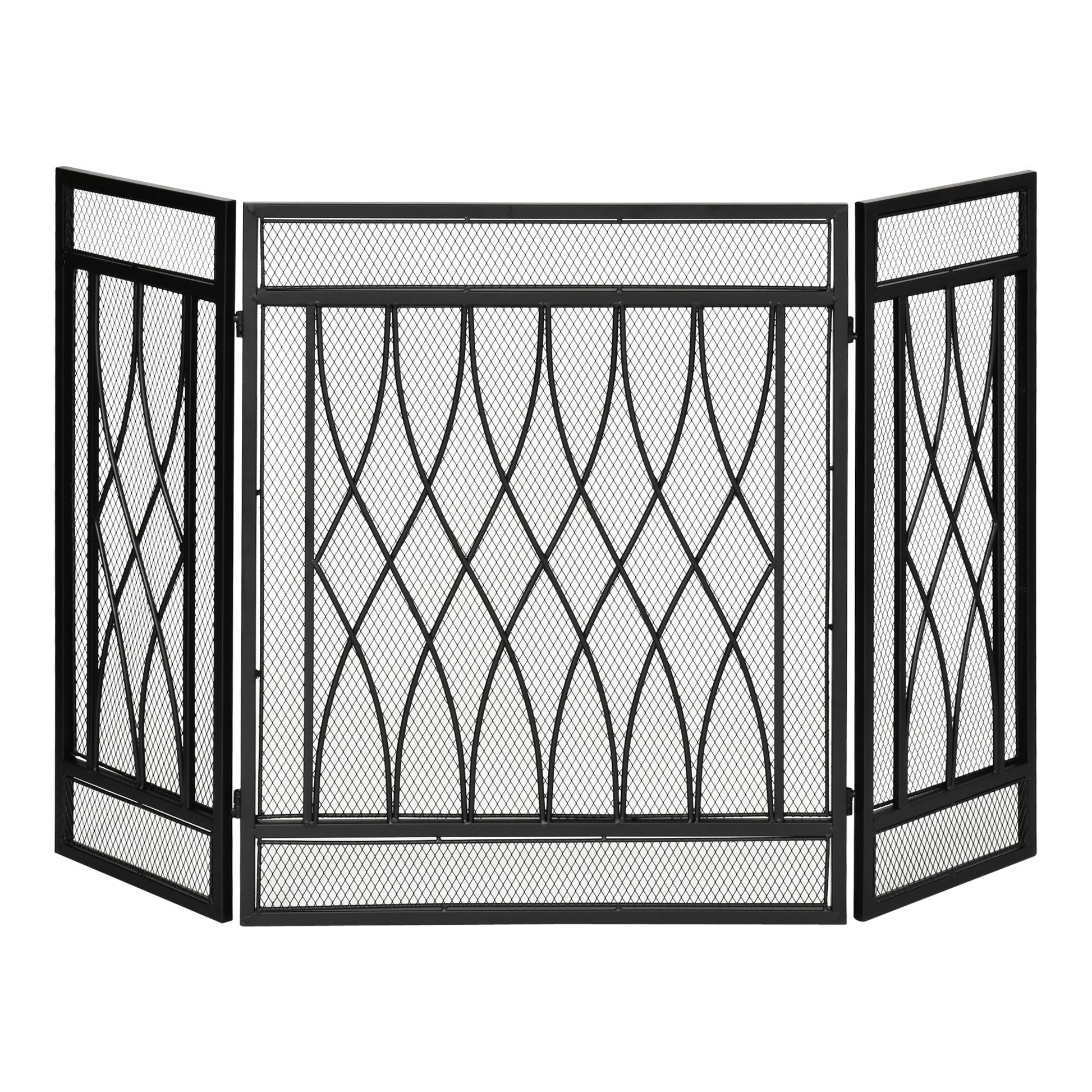 Emberfold 3-panel fireplace screen in matte black metal with curved mesh design, shown on blank background for clear view of structure and finish