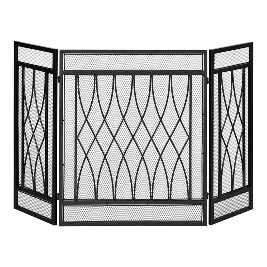 Emberfold 3-panel fireplace screen in matte black metal with curved mesh design, shown on blank background for clear view of structure and finish