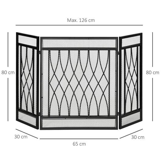 Emberfold 3-panel fireplace screen in matte black metal mesh, shown with dimensions: 126W x 30D x 80H cm when fully extended.