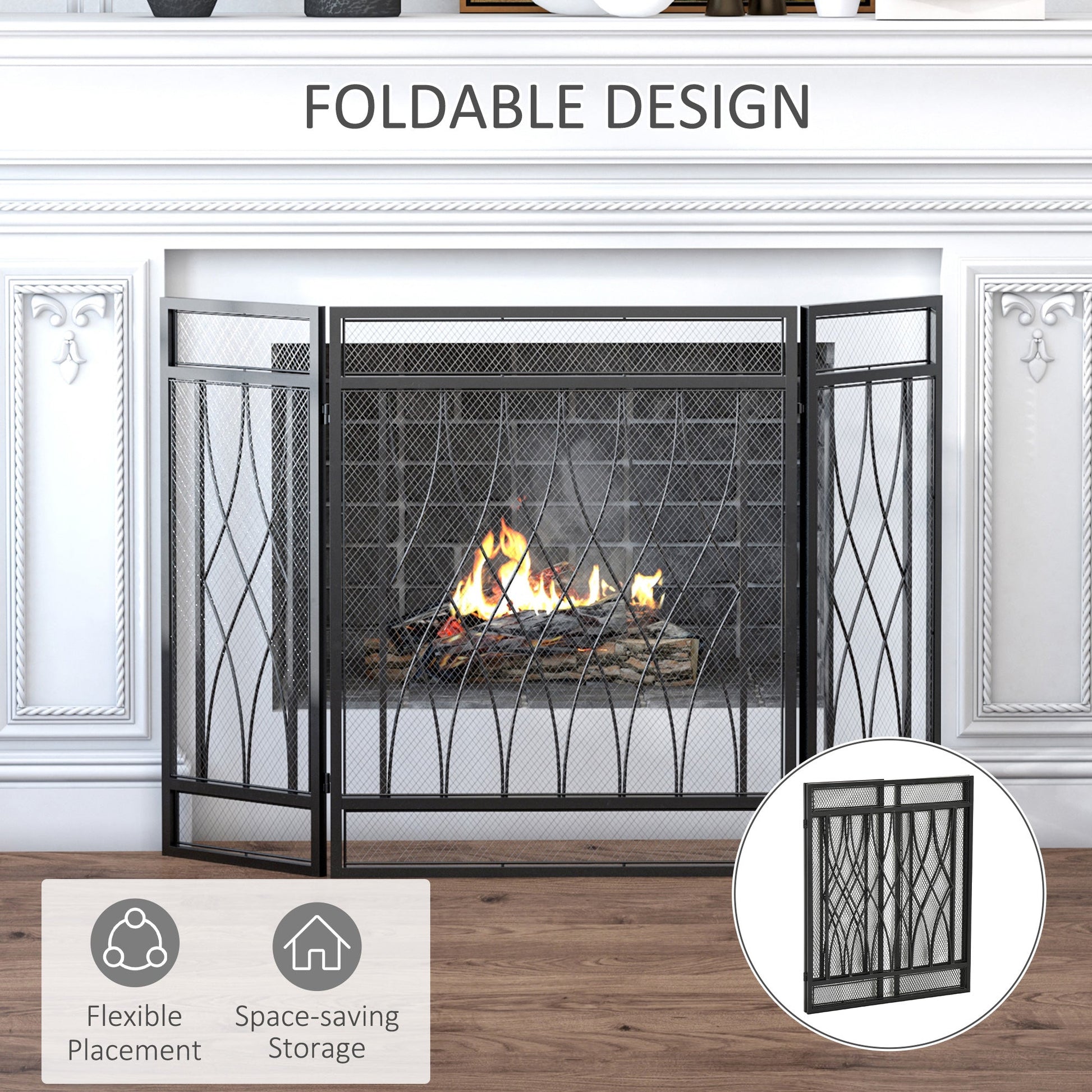 Emberfold fireplace screen with three hinged panels shown partially folded—crafted in matte black metal for easy placement, compact storage, and spark protection.