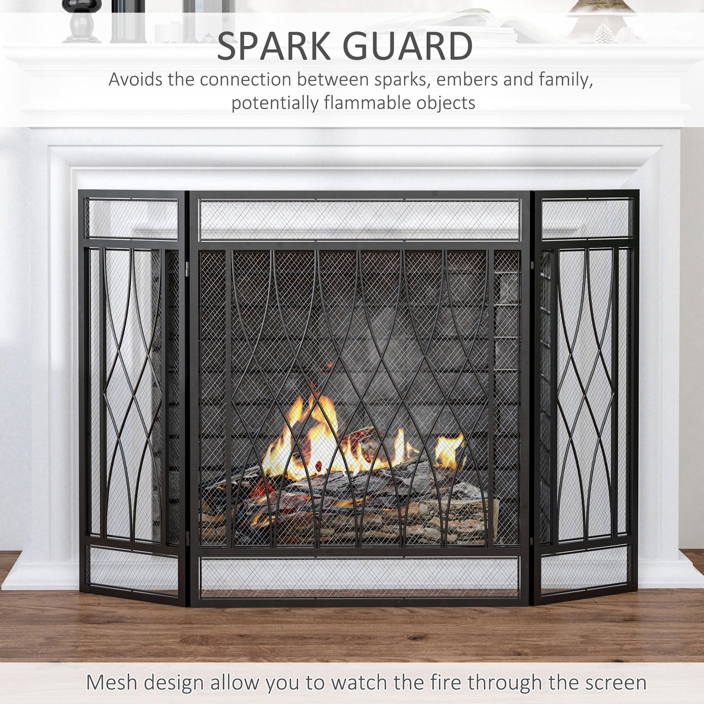 Detail of Emberfold fireplace screen showing curved black mesh panels—crafted to guard against stray sparks while preserving fireside warmth and visibility.
