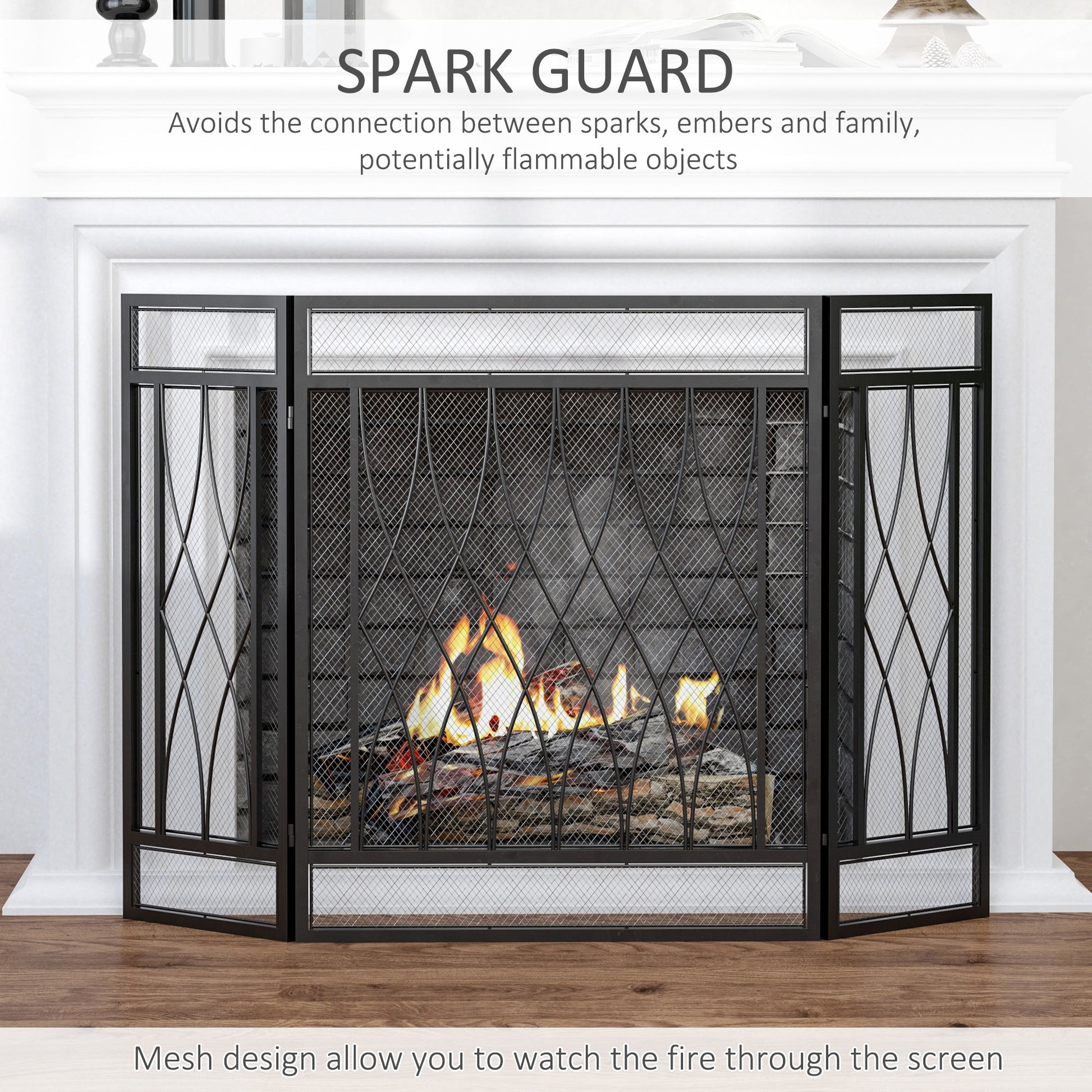 Detail of Emberfold fireplace screen showing curved black mesh panels—crafted to guard against stray sparks while preserving fireside warmth and visibility.