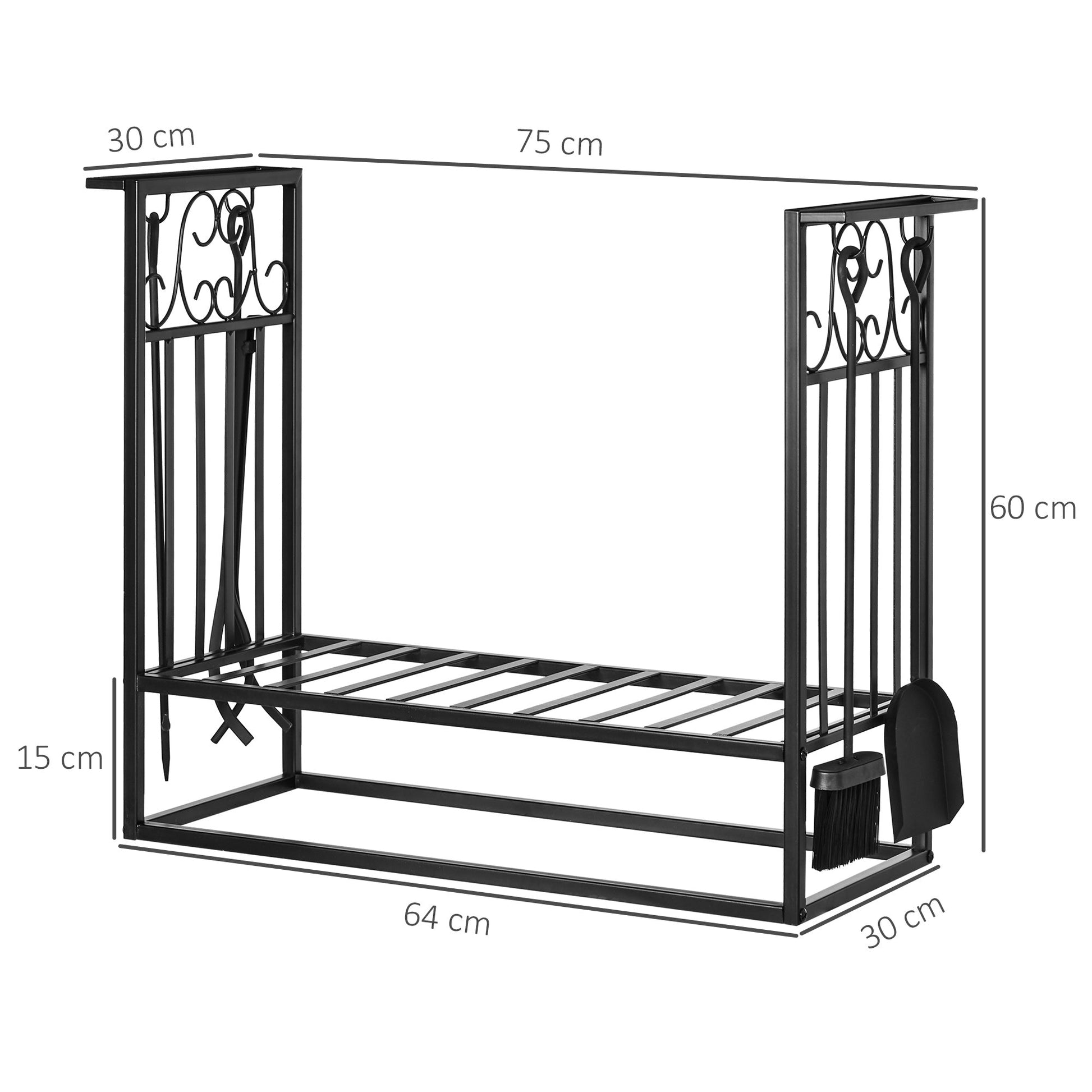 The Emberstead Rack vintage log holder with fireside tools, shown with labelled dimensions—highlighting its balanced proportions, scrollwork frame, and practical fireplace styling
