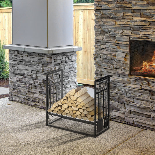 The Emberstead Rack vintage log holder with fireside tools, styled outdoors beside a glowing fire—evoking quiet rituals, countryside calm, and timeless warmth