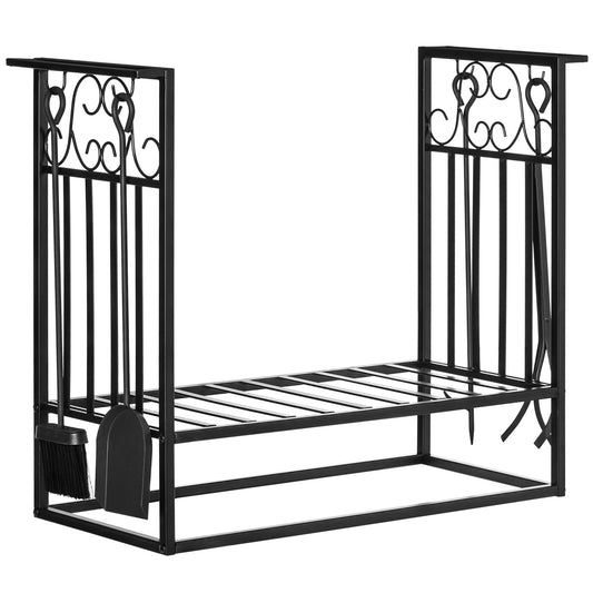 The Emberstead Rack vintage log holder with fireside tools, shown in full view—highlighting its scrollwork frame, matte black finish, and soulful fireplace styling
