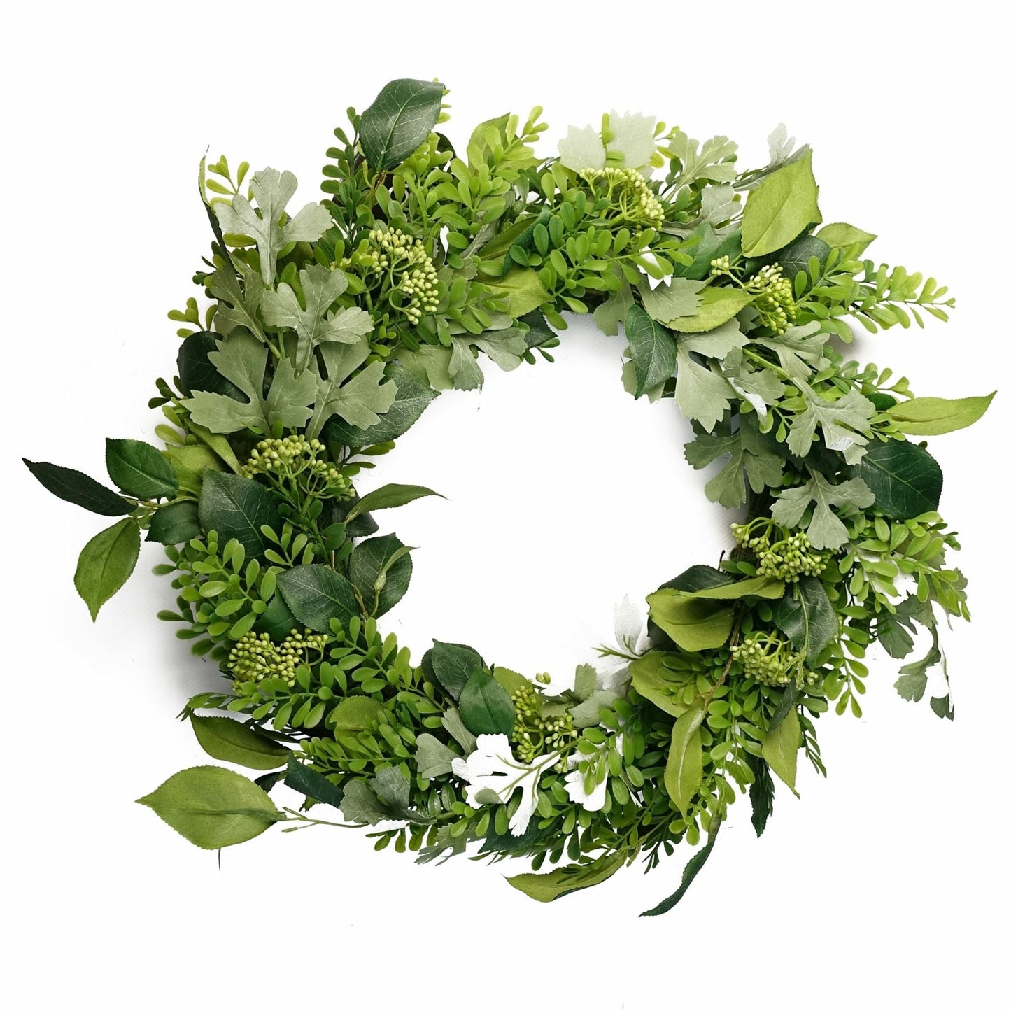 The Fern & Fable Wreath, 50cm diameter—artificial fern foliage in layered green tones with a natural woven base, styled in vintage botanical countryside charm.