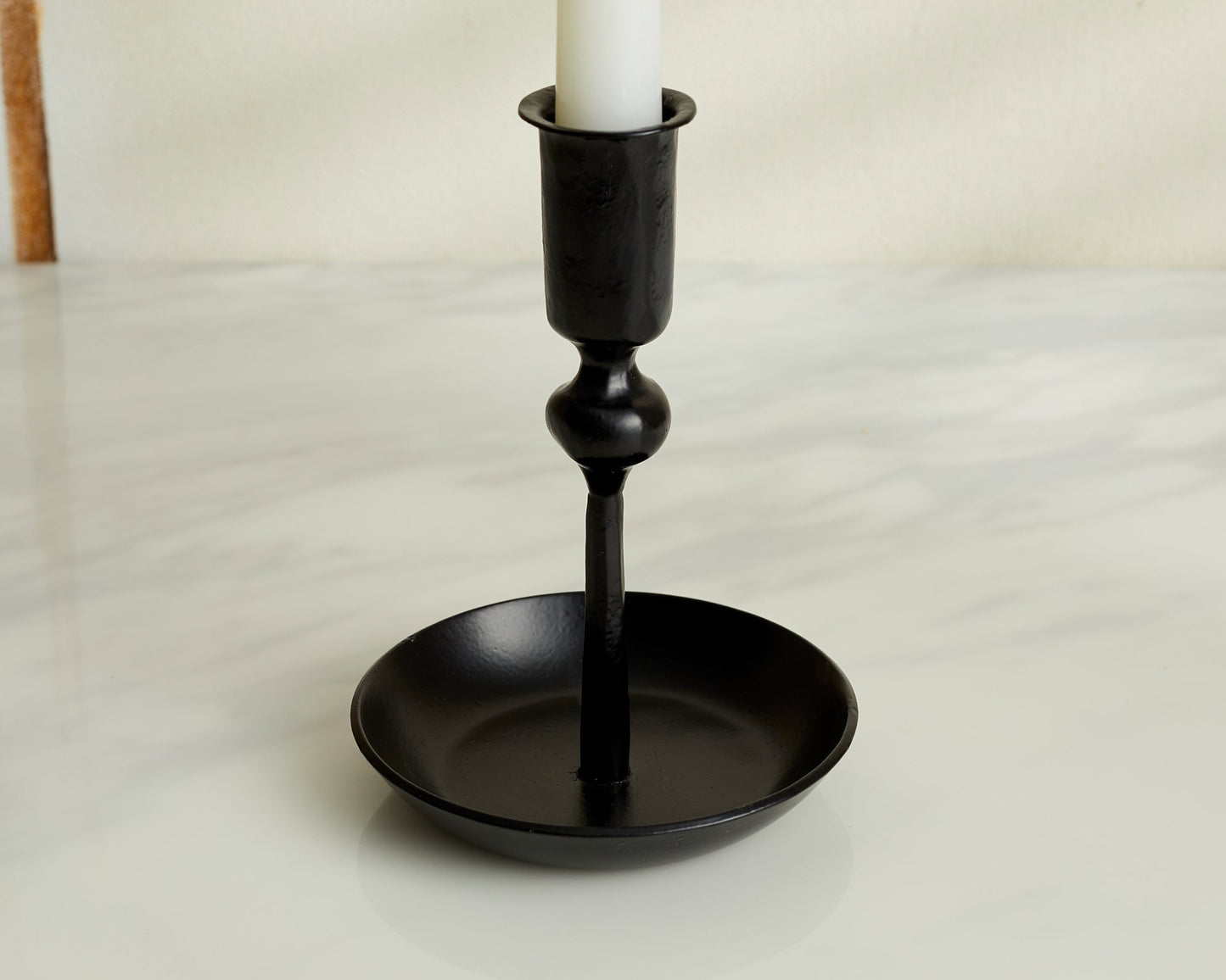Close up of Forge Ember iron candle holder matte black forge inspired accent