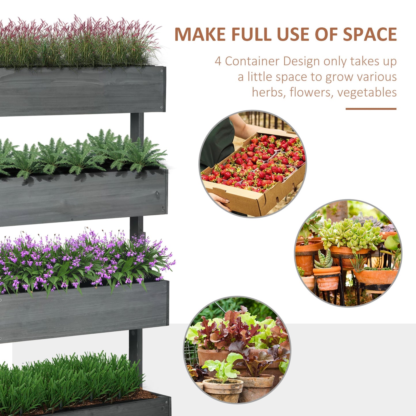 Four tier grey fir plant stand with herbs, trailing ivy, and seasonal blooms, styled in rustic country garden for poetic planting inspiration