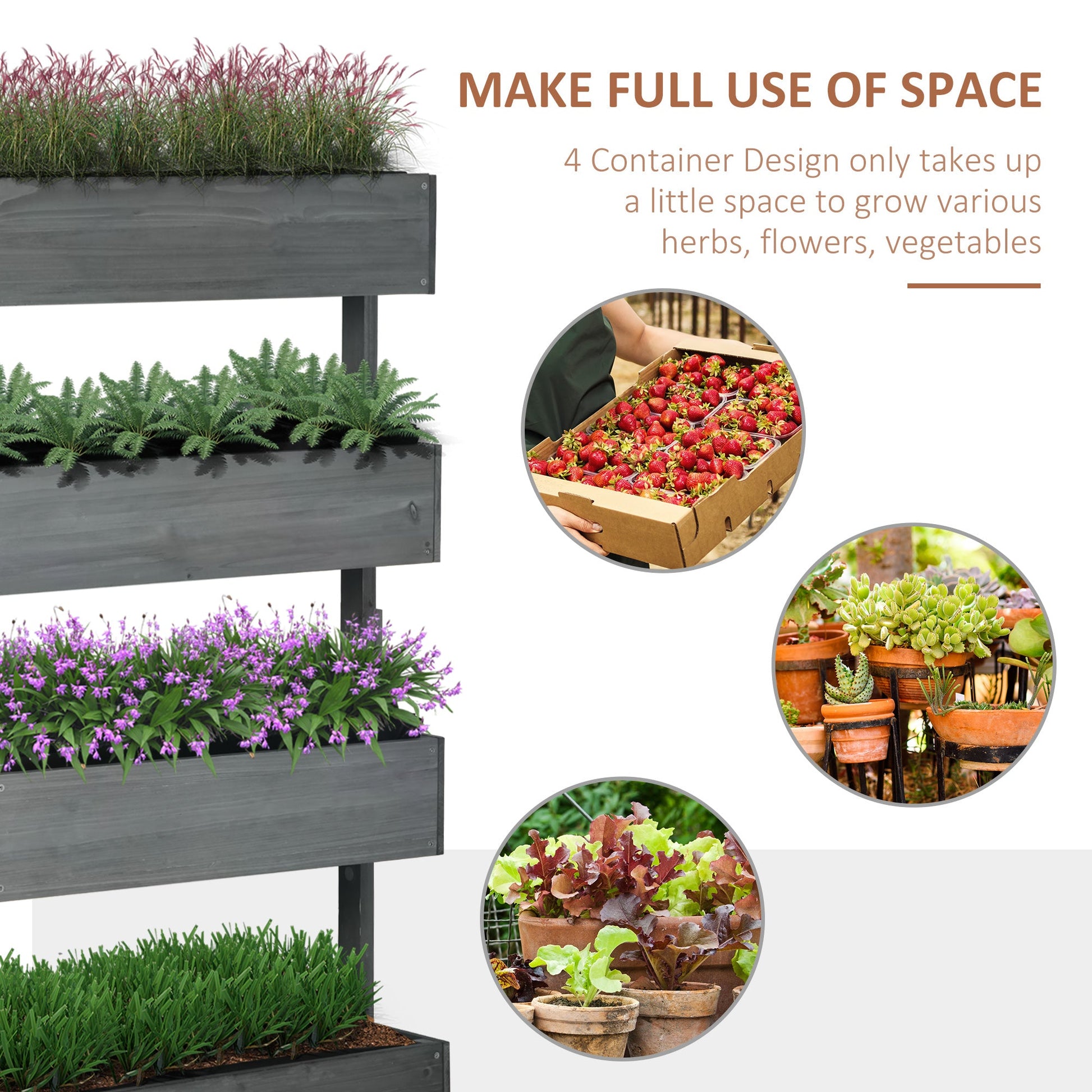 Four tier grey fir plant stand with herbs, trailing ivy, and seasonal blooms, styled in rustic country garden for poetic planting inspiration