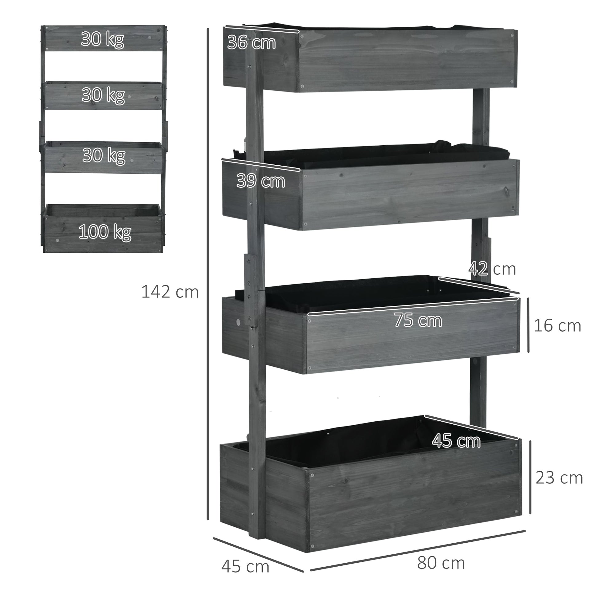 Dimensions of four tier grey fir plant stand, rustic garden display for herbs and seasonal blooms