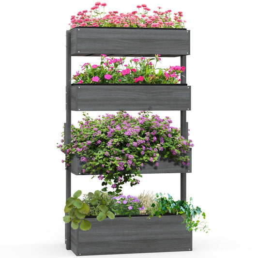 Four-tier grey fir plant stand with open box design, rustic garden display for herbs, blooms, and seasonal countryside styling