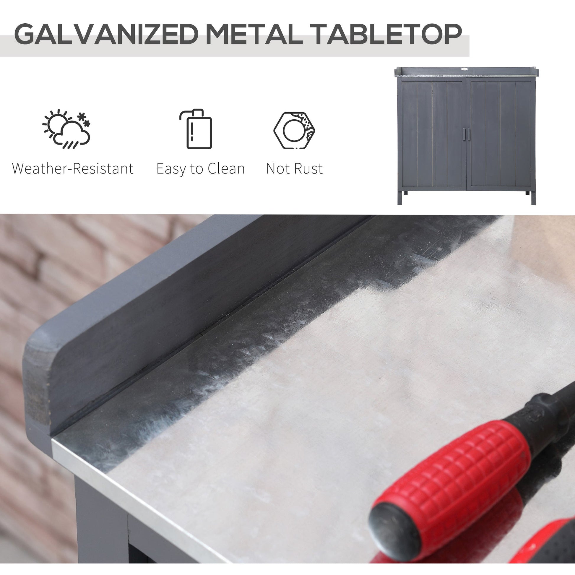 Galvanised metal tabletop on grey fir garden shed, durable surface for potting, prepping and rustic outdoor storage rituals