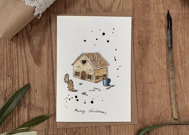 Gingerbread House – Christmas Card with Trees & Cuppa - The Timeless Trading Co.
