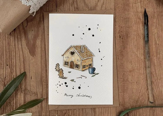 Gingerbread House – Christmas Card with Trees & Cuppa - The Timeless Trading Co.