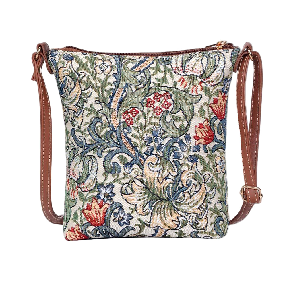 Side view of Golden Lily sling bag in William Morris tapestry with zip closure, vegan leather trim and adjustable strap in warm floral tones