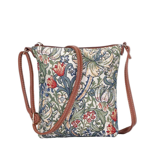 Golden Lily sling bag in William Morris tapestry with zip closure, vegan leather trim and adjustable strap in warm floral tones