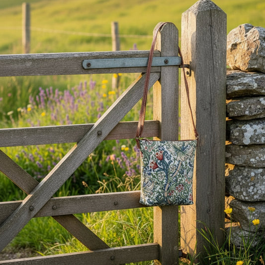 Golden Lily sling bag in William Morris tapestry with adjustable strap, zip closure and vegan leather trim in warm floral tones hung on gate post