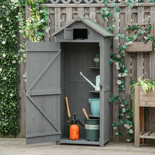 Grey fir wood garden cabinet with 3 shelves, rustic vertical shed for tools, seasonal storage and countryside outdoor styling