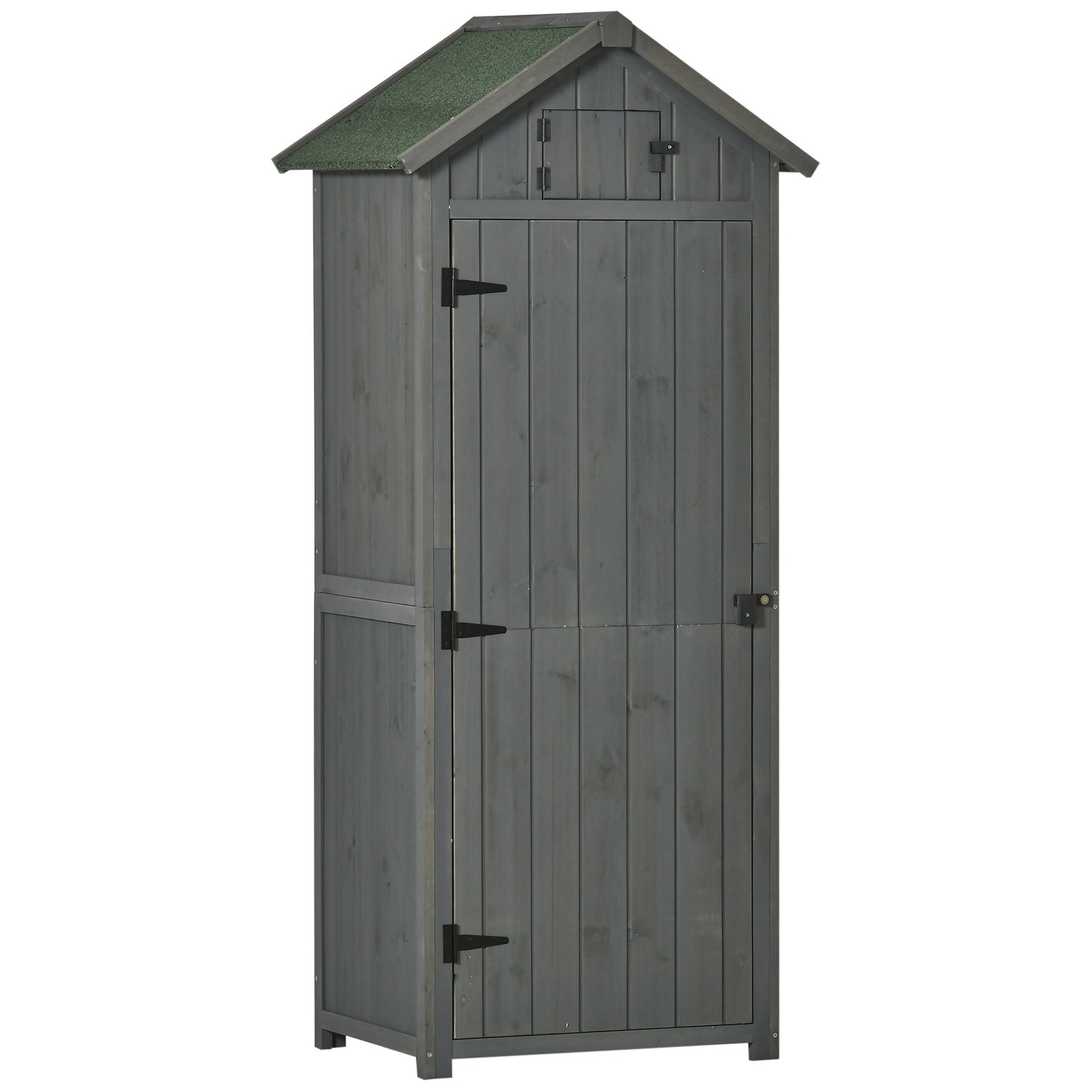 Grey fir wood garden cabinet with 3 shelves, shown on white background for rustic tool storage and countryside outdoor styling