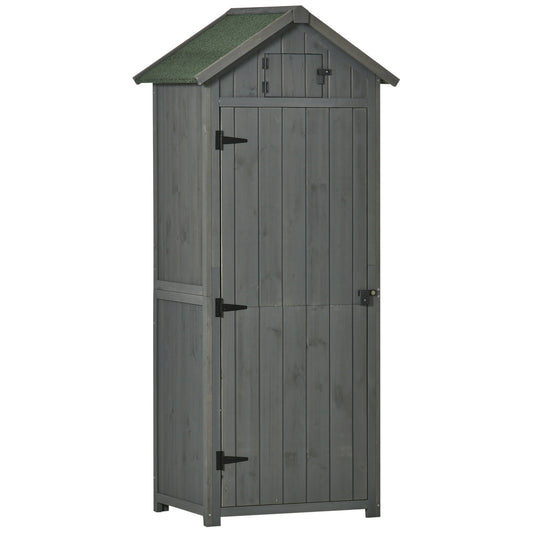 Grey fir wood garden cabinet with 3 shelves, shown on white background for rustic tool storage and countryside outdoor styling
