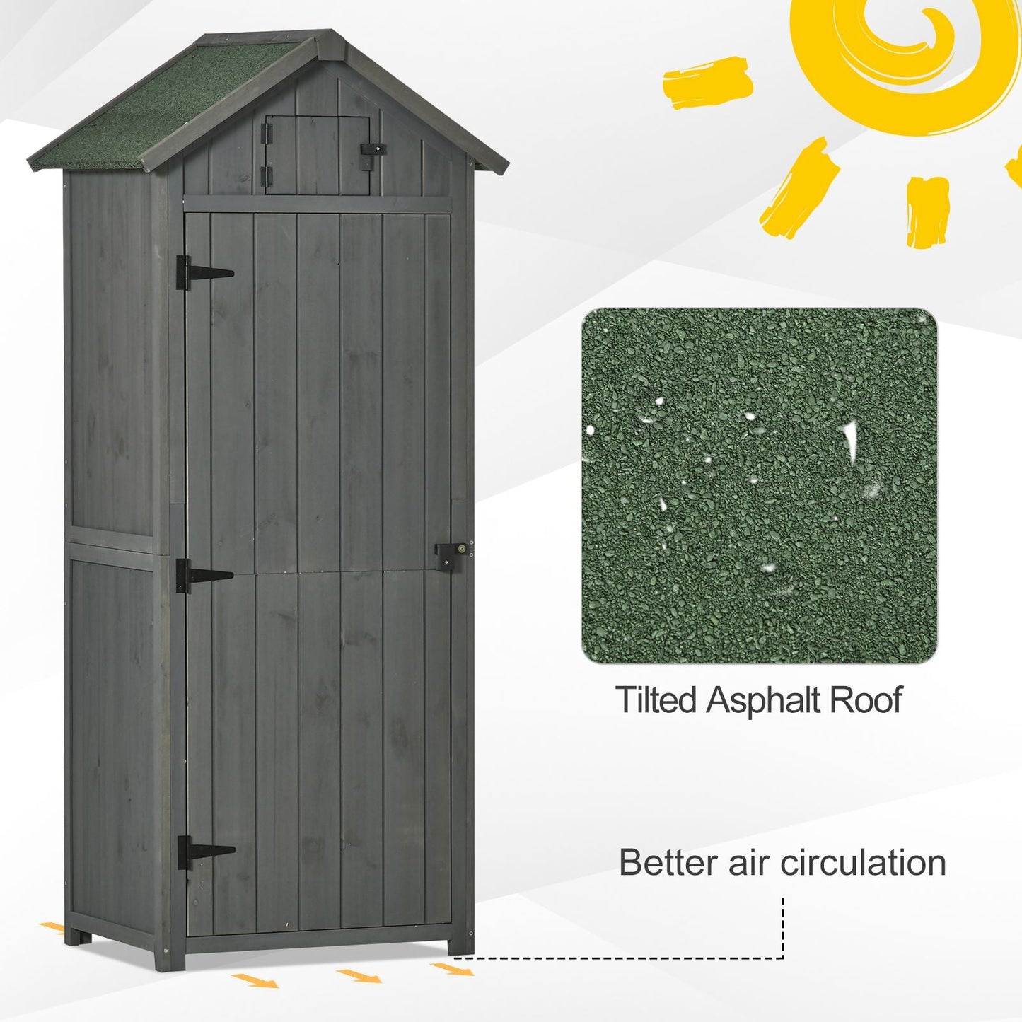 Close-up of asphalt roof on grey fir garden cabinet, weather-resistant top for rustic outdoor storage and countryside tool protection