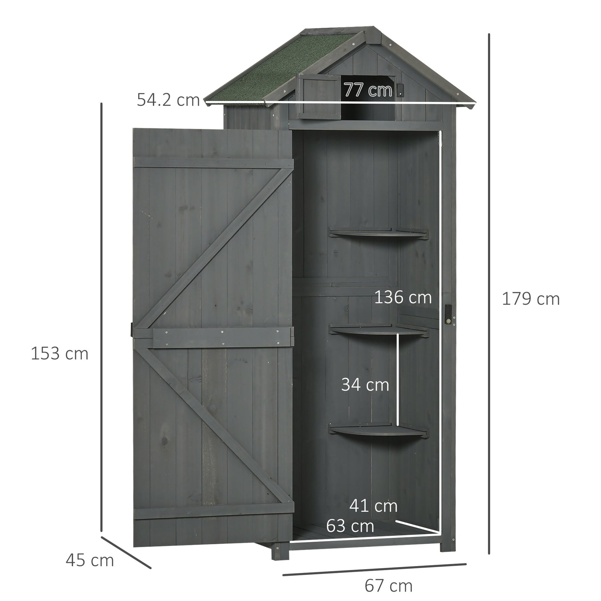 Diagram showing dimensions of grey fir garden cabinet with 3 shelves, Dimensions for rustic outdoor storage