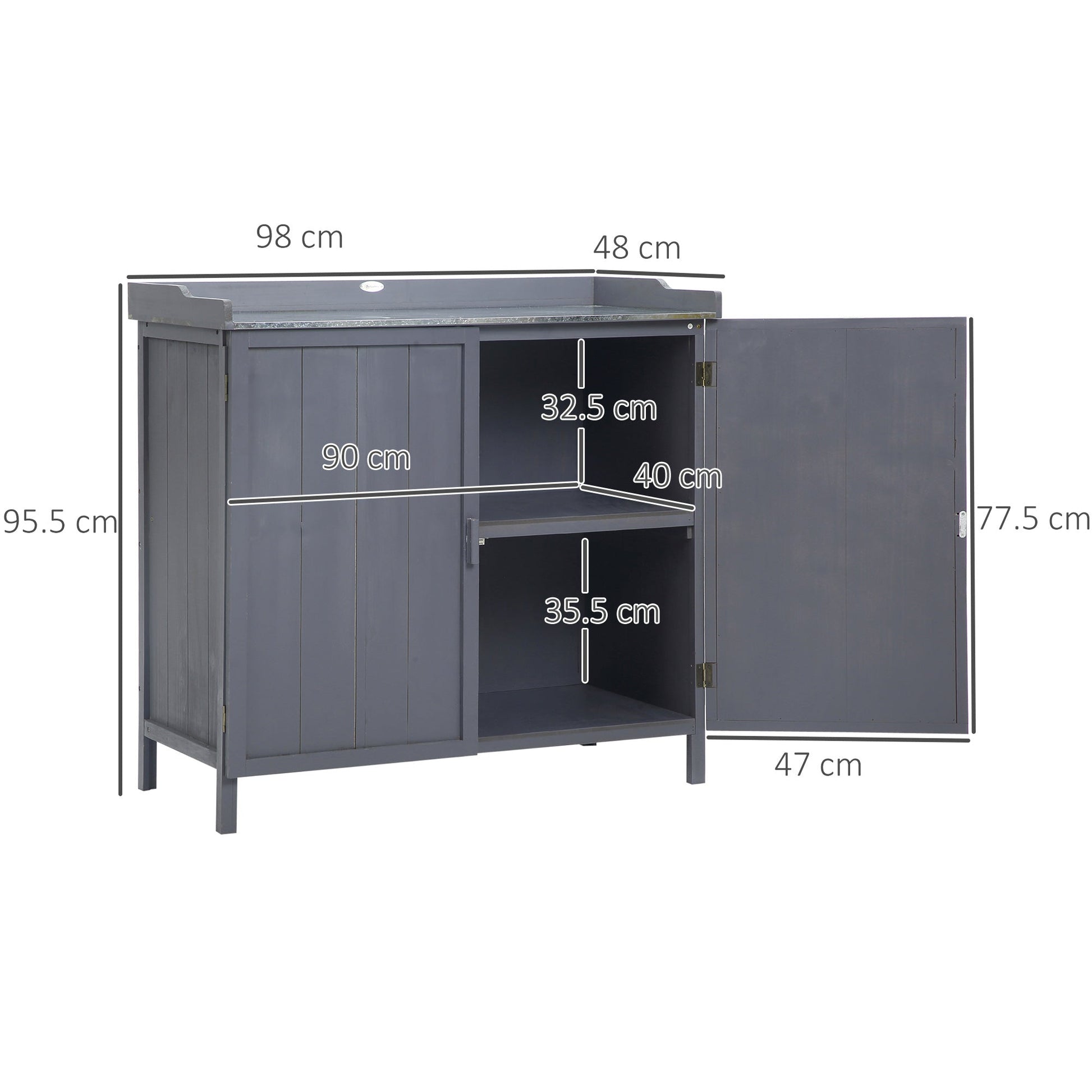 Dimensions of grey fir garden cabinet with galvanised tabletop, approx. 38.5" W × 18.9" D × 37.6" H for rustic outdoor storage