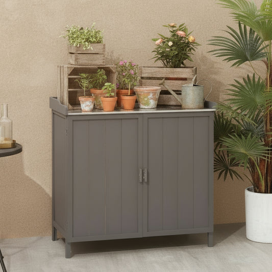 Close-up of galvanised metal tabletop on grey fir garden cabinet, durable surface for potting and rustic outdoor prep
