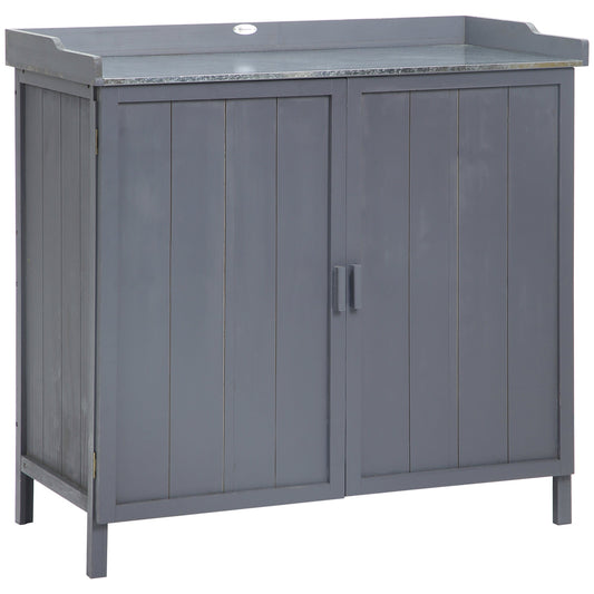 Grey fir wood garden shed with galvanised tabletop, 2-in-1 potting bench and storage cabinet for rustic outdoor styling