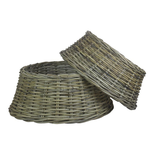 two grey kubu rattan Christmas tree skirts in small and large sizes, shown together on a blank background. Rustic woven style with tapered silhouette.