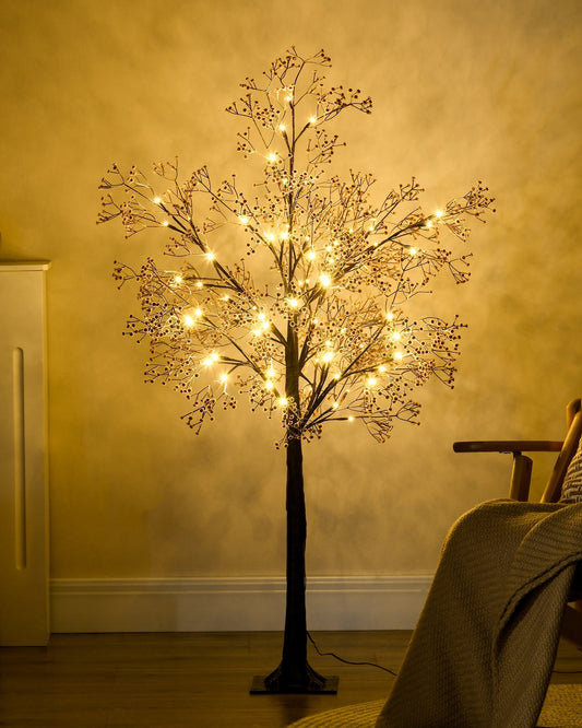 4ft Gypsophila blossom tree light with white flowers and warm LEDs, rustic indoor decor for hallway, parlour or festive display