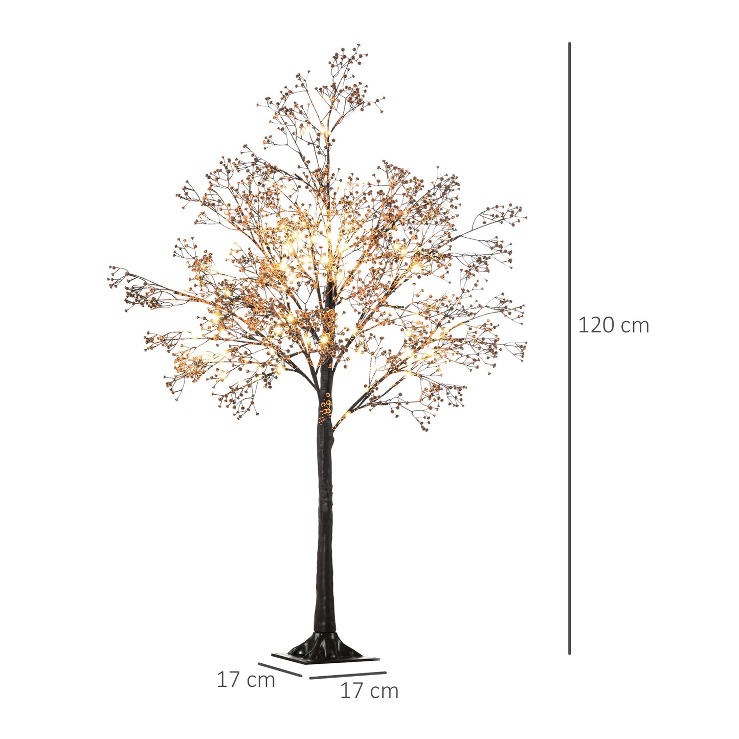 Diagram showing dimensions of 4ft Gypsophila tree light with blossom detail, approx. 48" tall for rustic indoor styling and festive display