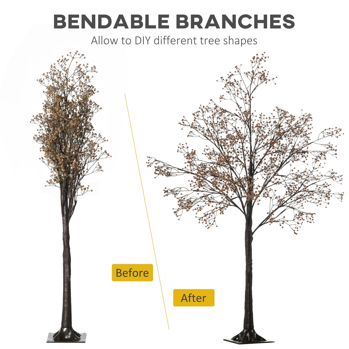 Before and after view of Gypsophila tree light branches being shaped, showing transformation from boxed to styled botanical display