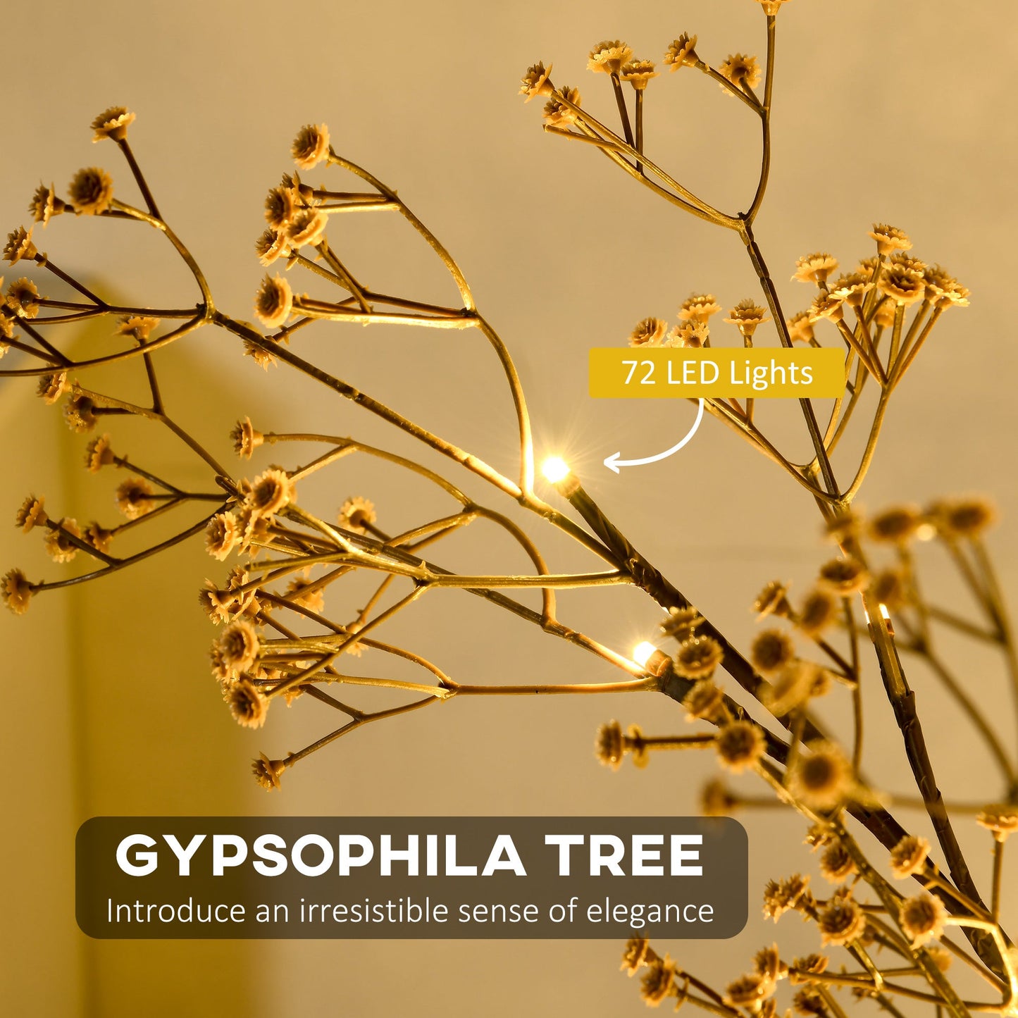 Close-up of Gypsophila tree light showing white blossoms and warm LEDs, botanical detail for rustic hallway or festive parlour styling