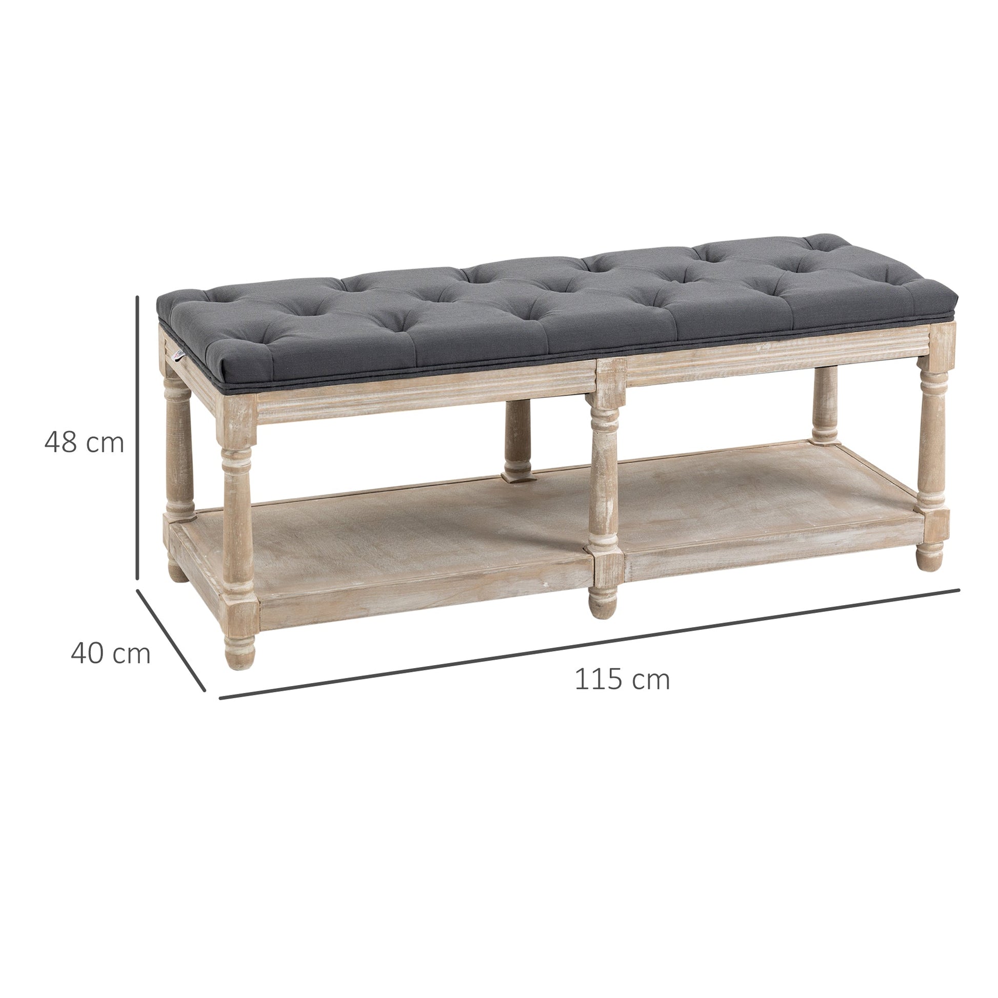 Grey linen bench with button-tufted seat and open base, shown with dimensions: approx. 115 cm wide, 40 cm deep, and 48 cm high — part of The Haddon Hall Still collection by The Timeless Trading Co.