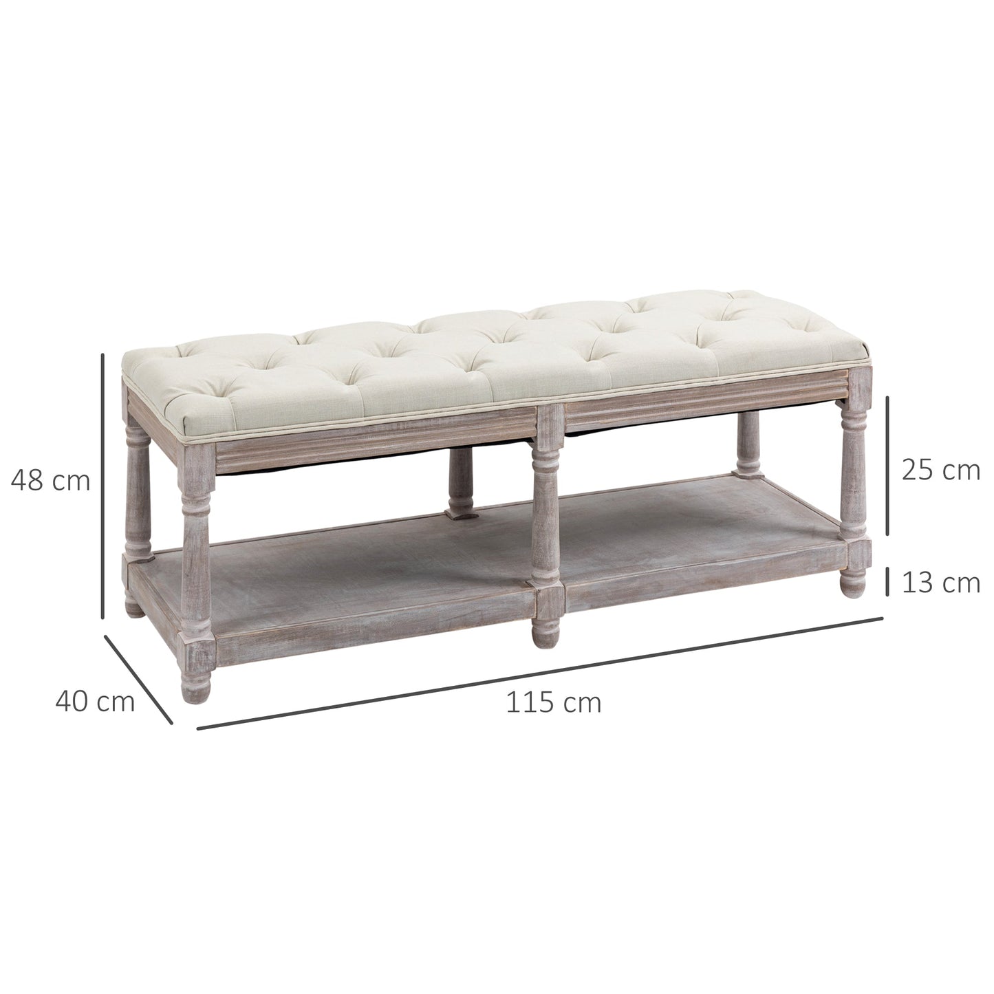 Bench with button-tufted cream linen seat and single hidden shelf, shown with dimensions: approx. 115 cm wide, 40 cm deep, and 48 cm high — part of The Haddon Hall Welcome collection by The Timeless Trading Co.