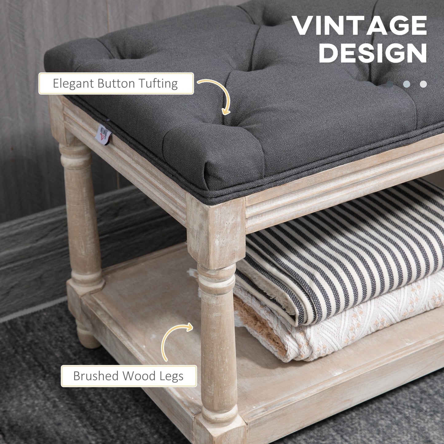 Cream linen bench with button-tufted seat and single shelf styled with folded throws, part of The Haddon Hall Welcome collection by The Timeless Trading Co.