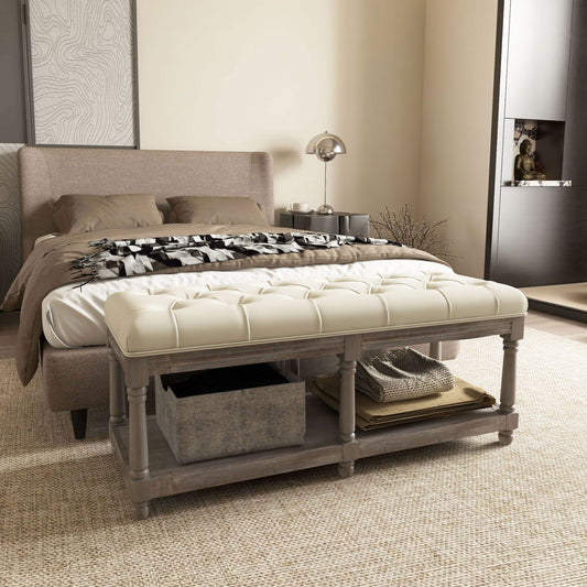 Front view of cream linen bench with button-tufted seat and hidden lower shelf, part of The Haddon Hall Welcome collection by The Timeless Trading Co.