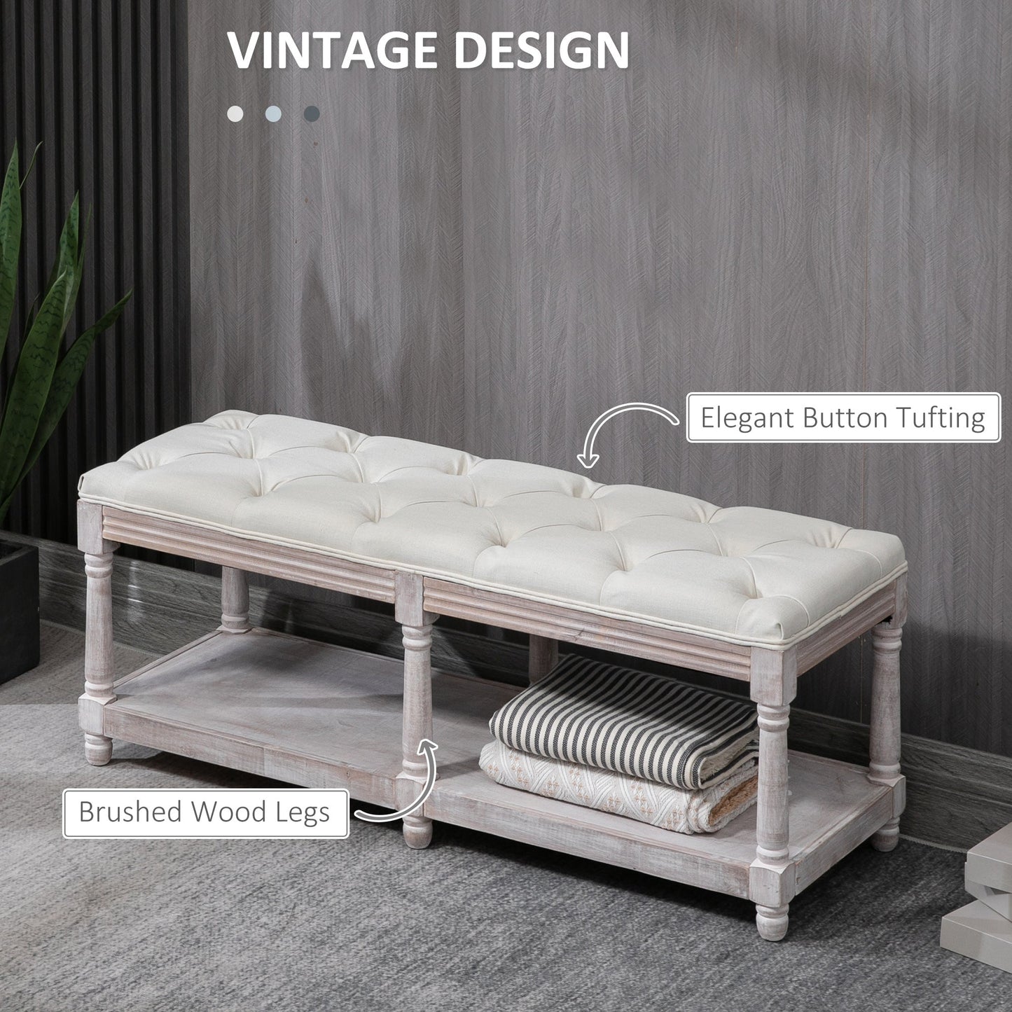 Overhead view of cream linen bench with button-tufted seat and single hidden shelf, part of The Haddon Hall Welcome collection by The Timeless Trading Co.