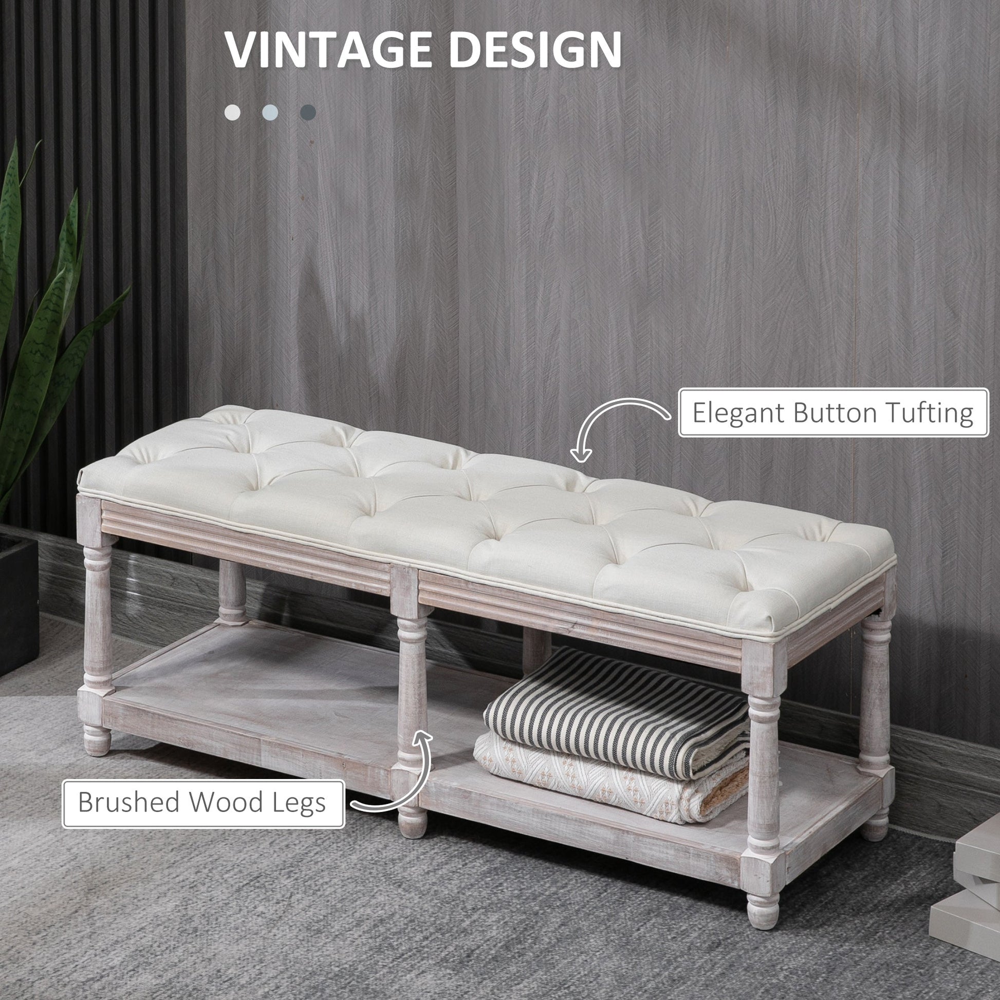 Overhead view of cream linen bench with button-tufted seat and single hidden shelf, part of The Haddon Hall Welcome collection by The Timeless Trading Co.