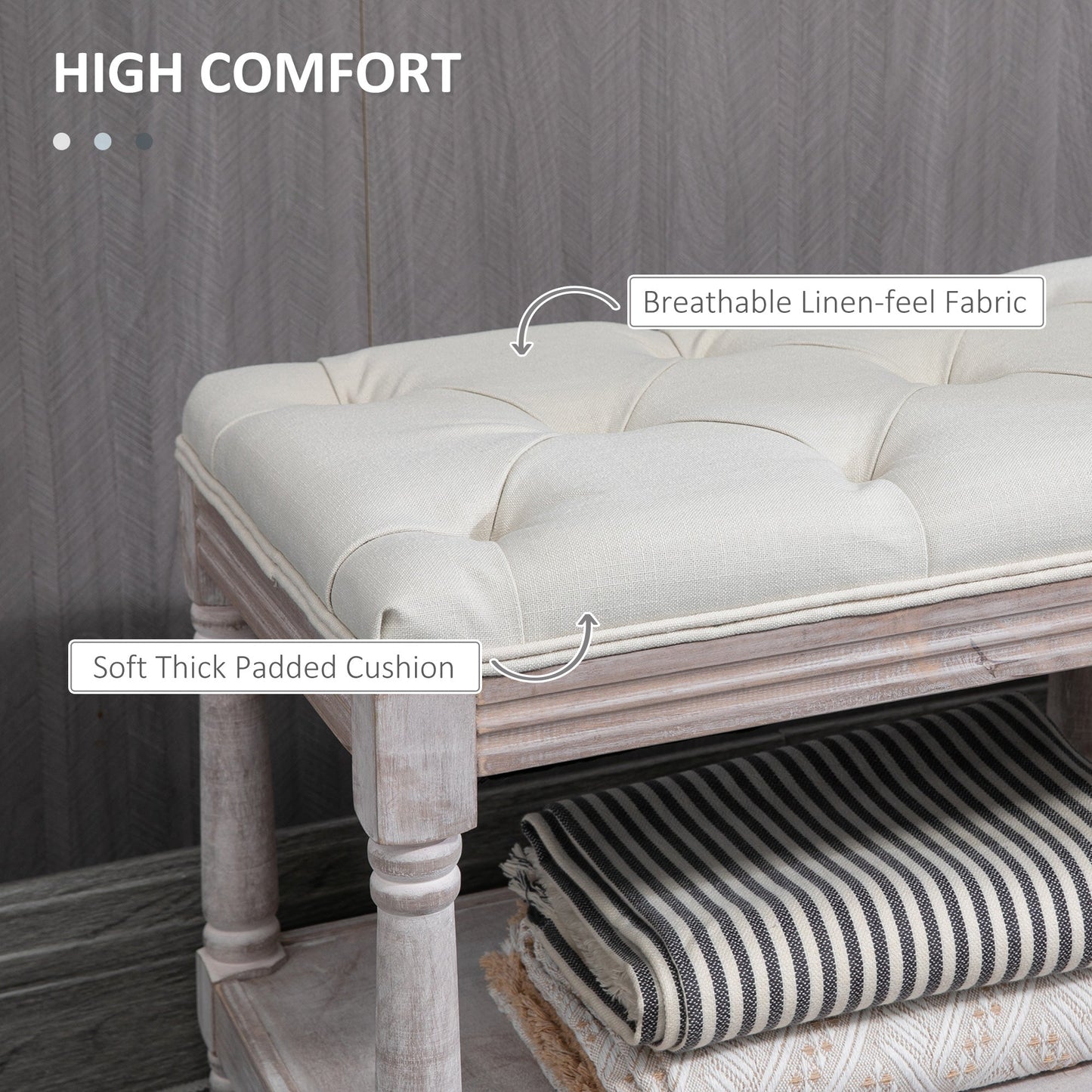 Side view of cream linen bench with button-tufted seat and single hidden shelf, part of The Haddon Hall Welcome collection by The Timeless Trading Co.