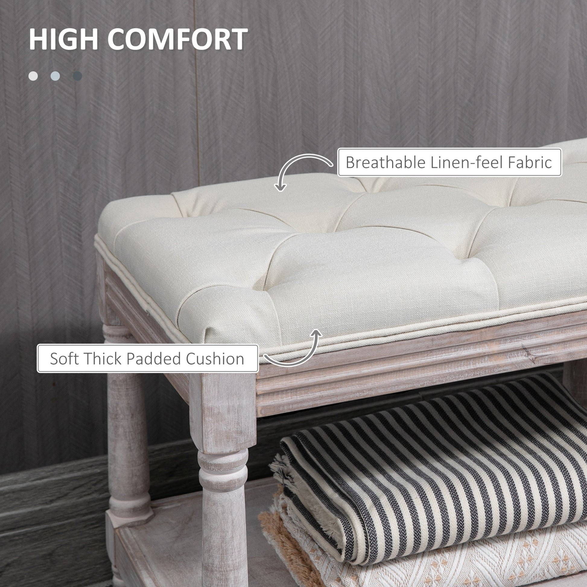 Side view of cream linen bench with button-tufted seat and single hidden shelf, part of The Haddon Hall Welcome collection by The Timeless Trading Co.