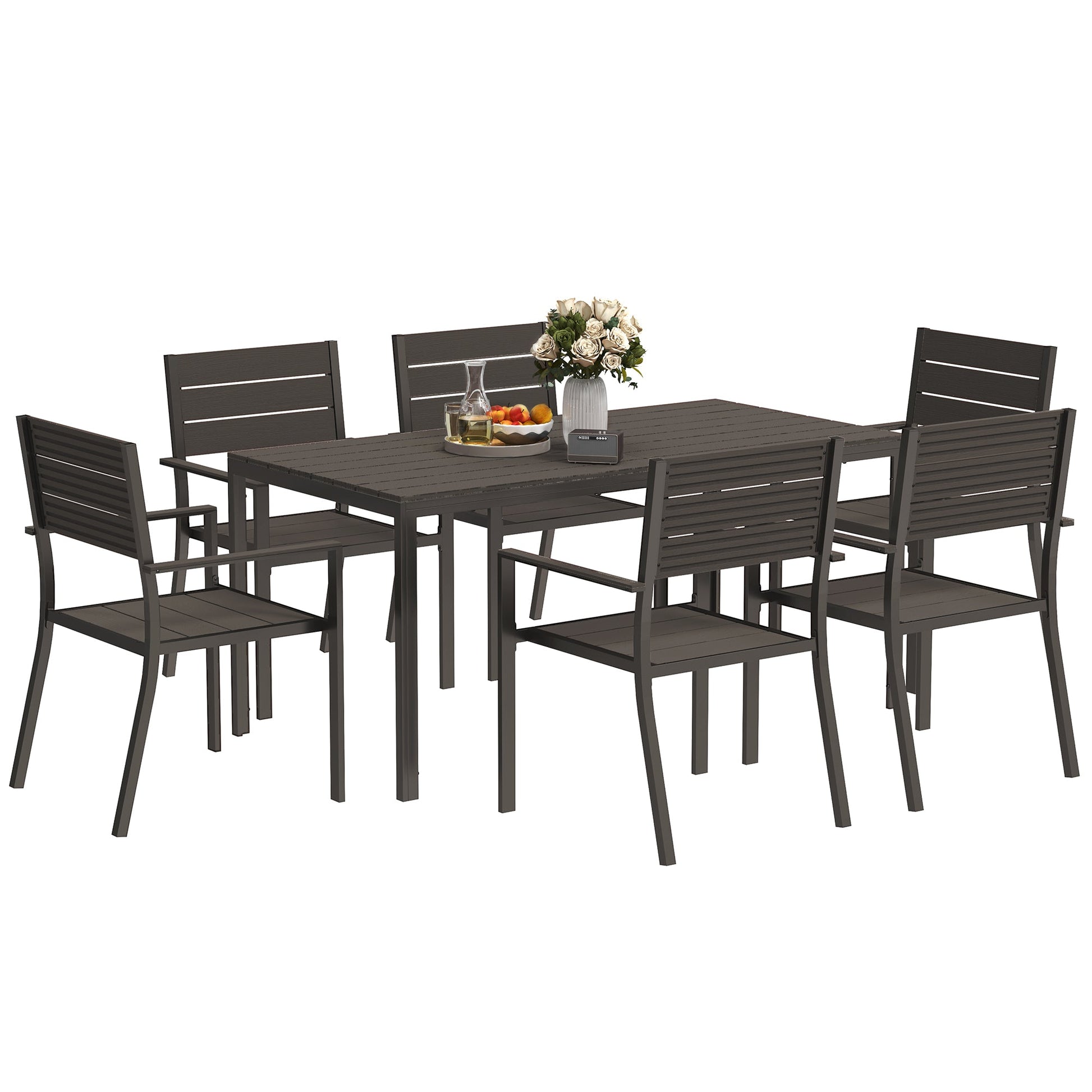 The Hardwick Gathering 7-piece garden dining set with dark brown HDPE slatted table and six stackable steel-frame chairs, shown against a plain background in full layout