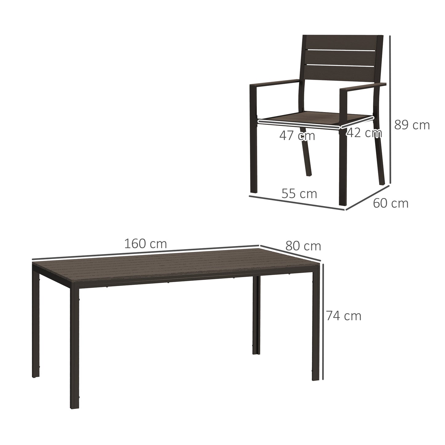 The Hardwick Gathering 7-piece garden dining set with dark brown HDPE slatted table and six stackable steel-frame chairs, shown against a plain background with labelled dimensions for table and chairs