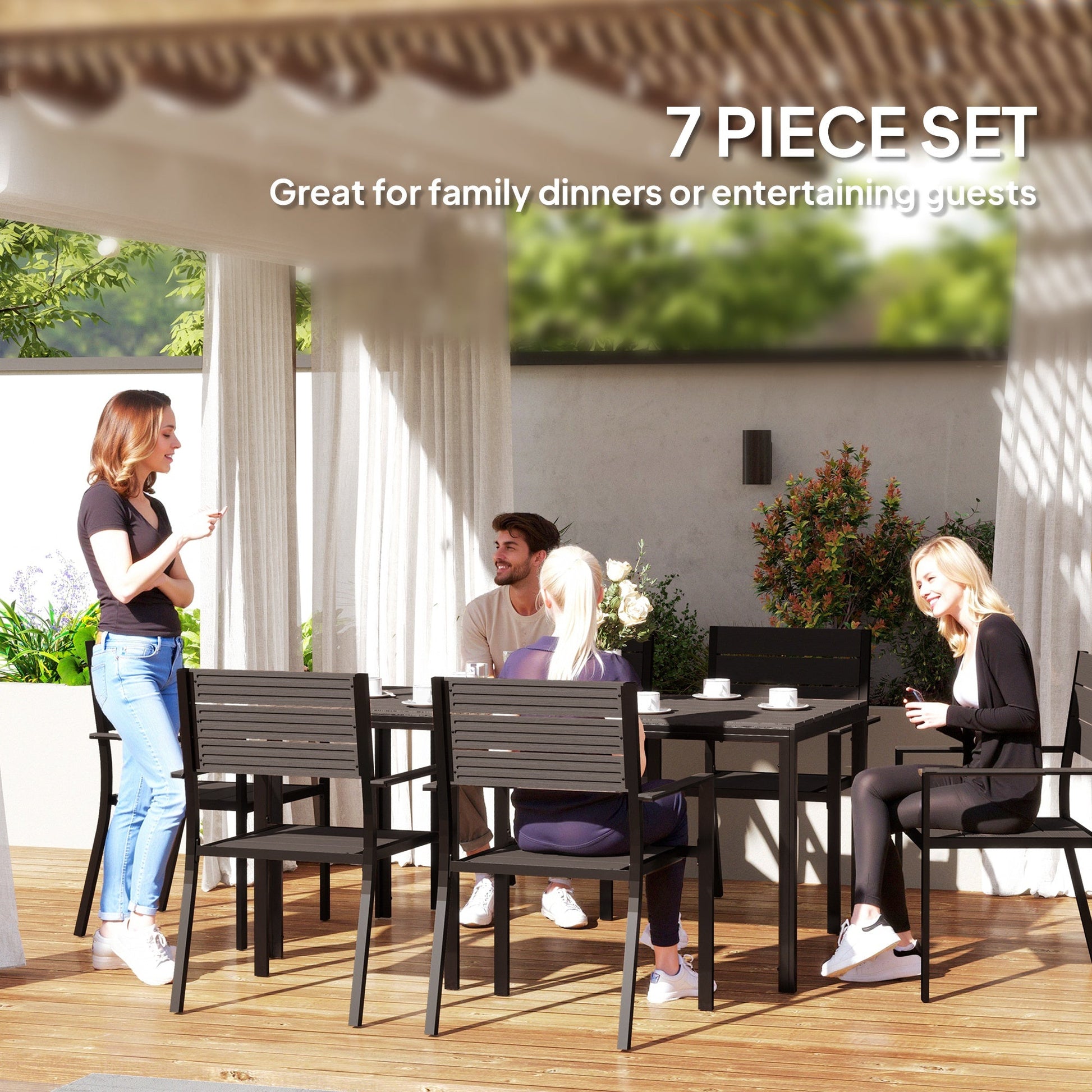 The Hardwick Gathering 7-piece garden dining set with dark brown HDPE slatted table and six stackable steel-frame chairs, styled beneath a neutral-toned gazebo for shaded outdoor hosting