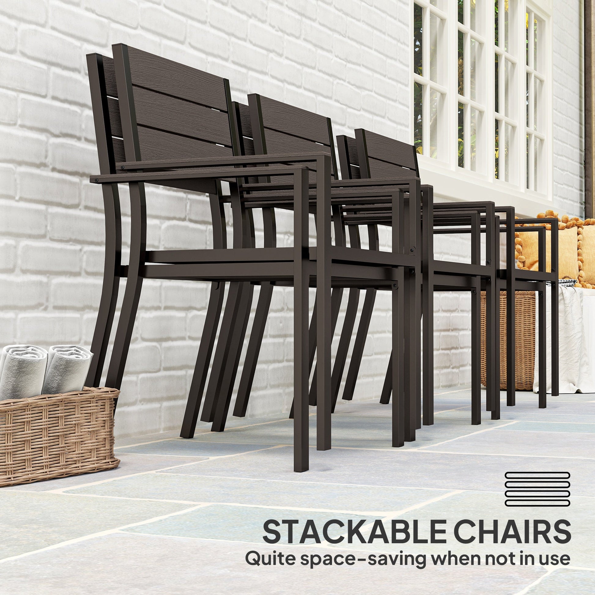 Stacked steel-frame chairs from The Hardwick Gathering garden dining set, shown in dark brown finish with high backrests and breathable mesh seats for compact storage