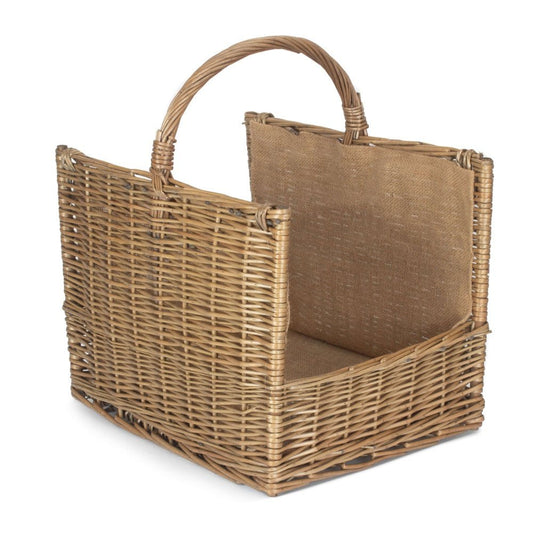 Empty antique wash wicker log basket with open-end design, handwoven in willow