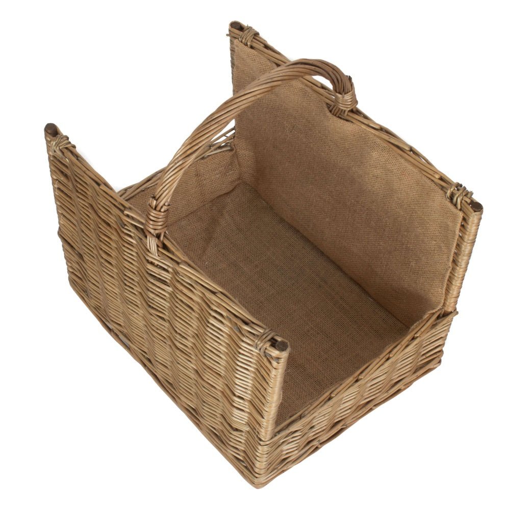 nterior view of antique wash wicker log basket showing handwoven willow texture and open-end design