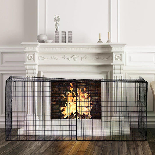 Hearthwarden Fireguard in matte black mesh steel positioned in front of fireplace; extendable screen with folding panels and heritage styling.