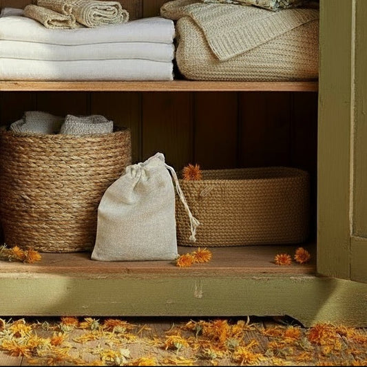 Set of herbal scent and mineral salt sachets in linen cupboard with calendula petals scattered around